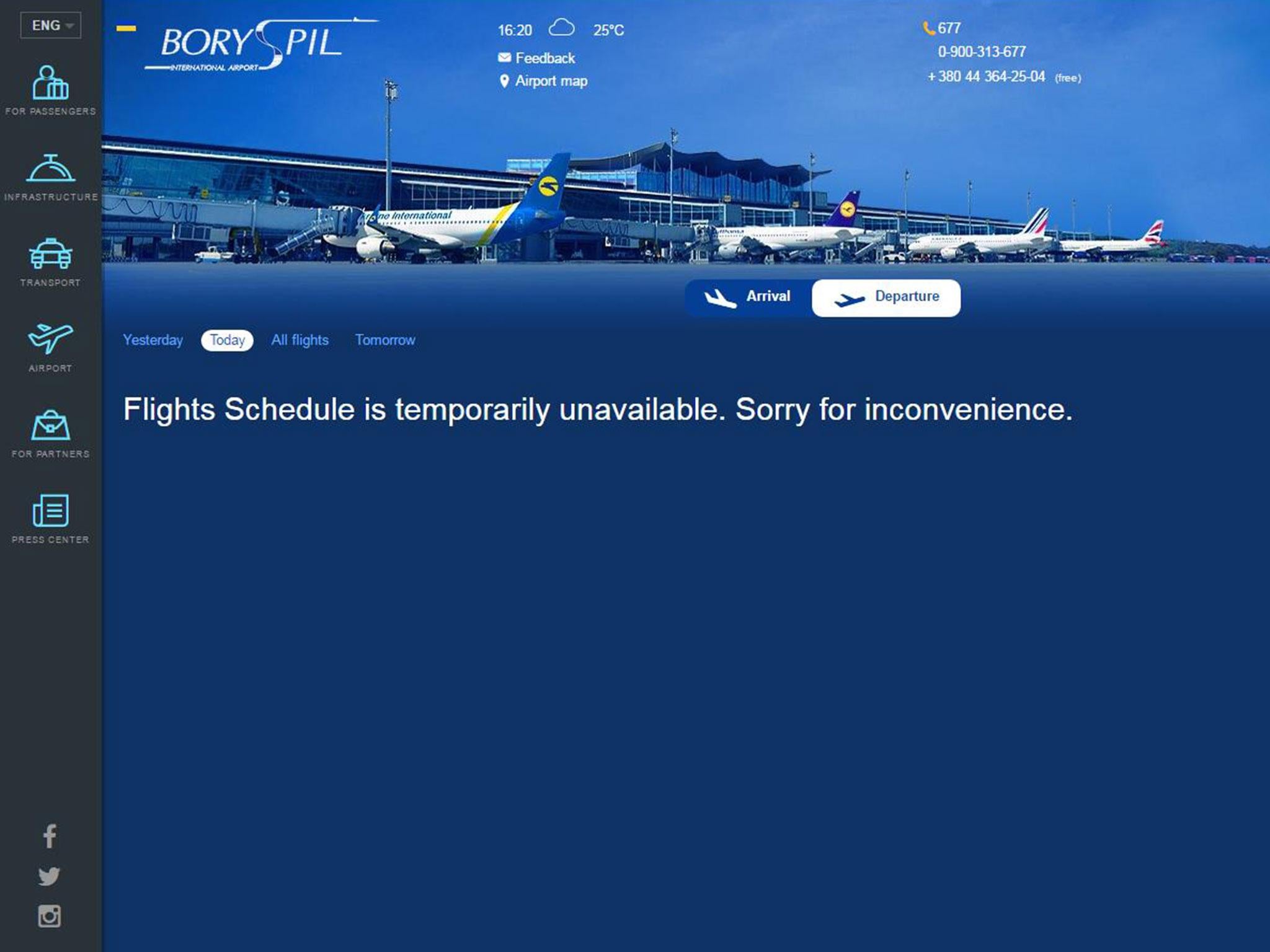 The website of Boryspil International Airport during a cyber attack targeting Ukrainian infrastructure on 27 June 2017