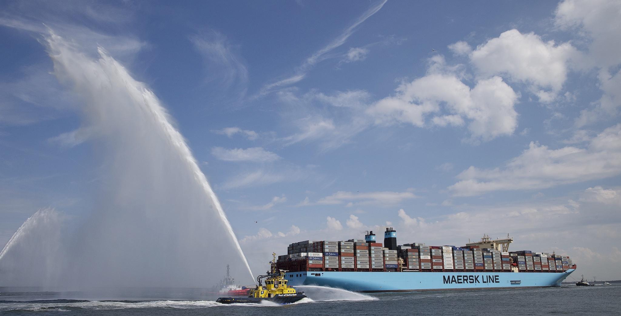 The world's biggest container ship, named the Maersk MC-Kinney Moller, arrives on August 16, 2013 at the port of Rotterdam, in the Netherlands