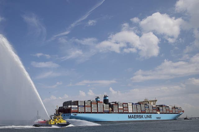 The world's biggest container ship, named the Maersk MC-Kinney Moller, arrives on August 16, 2013 at the port of Rotterdam, in the Netherlands