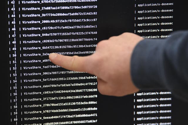 An IT researchers shows on a giant screen a computer infected by a previous ransomware attack