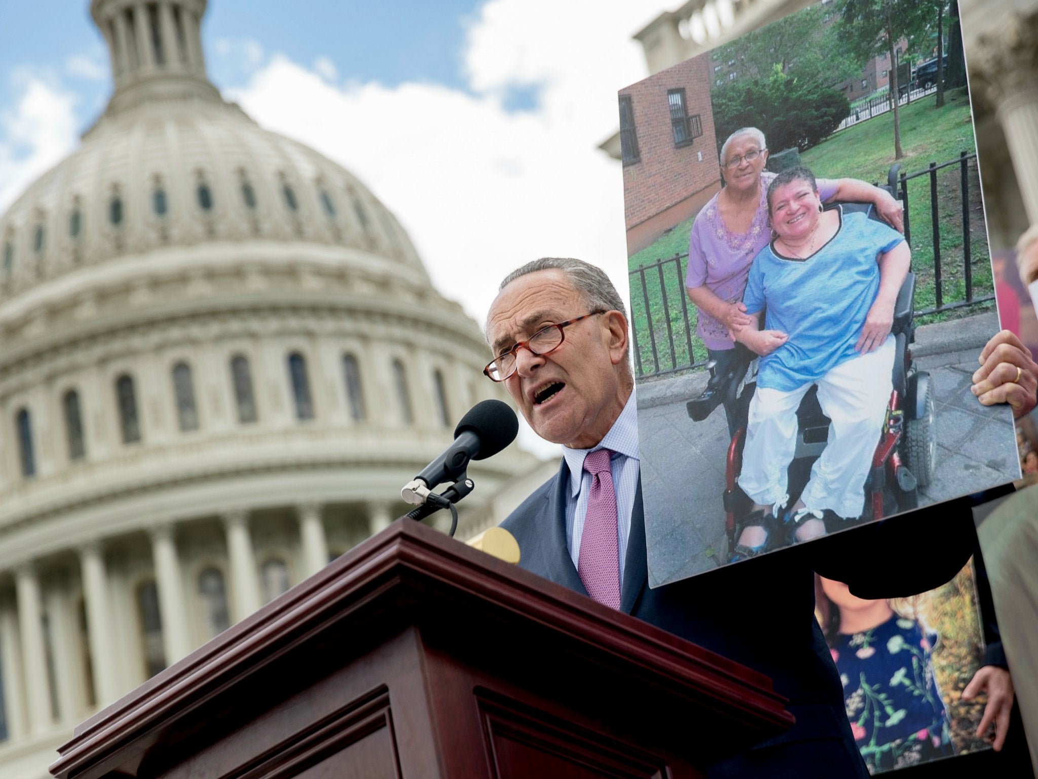 Senate Minority Leader Sen. Chuck Schumer talks about constituents who would be adversely affected by the proposed Republican Senate healthcare bill outside the Capitol Building