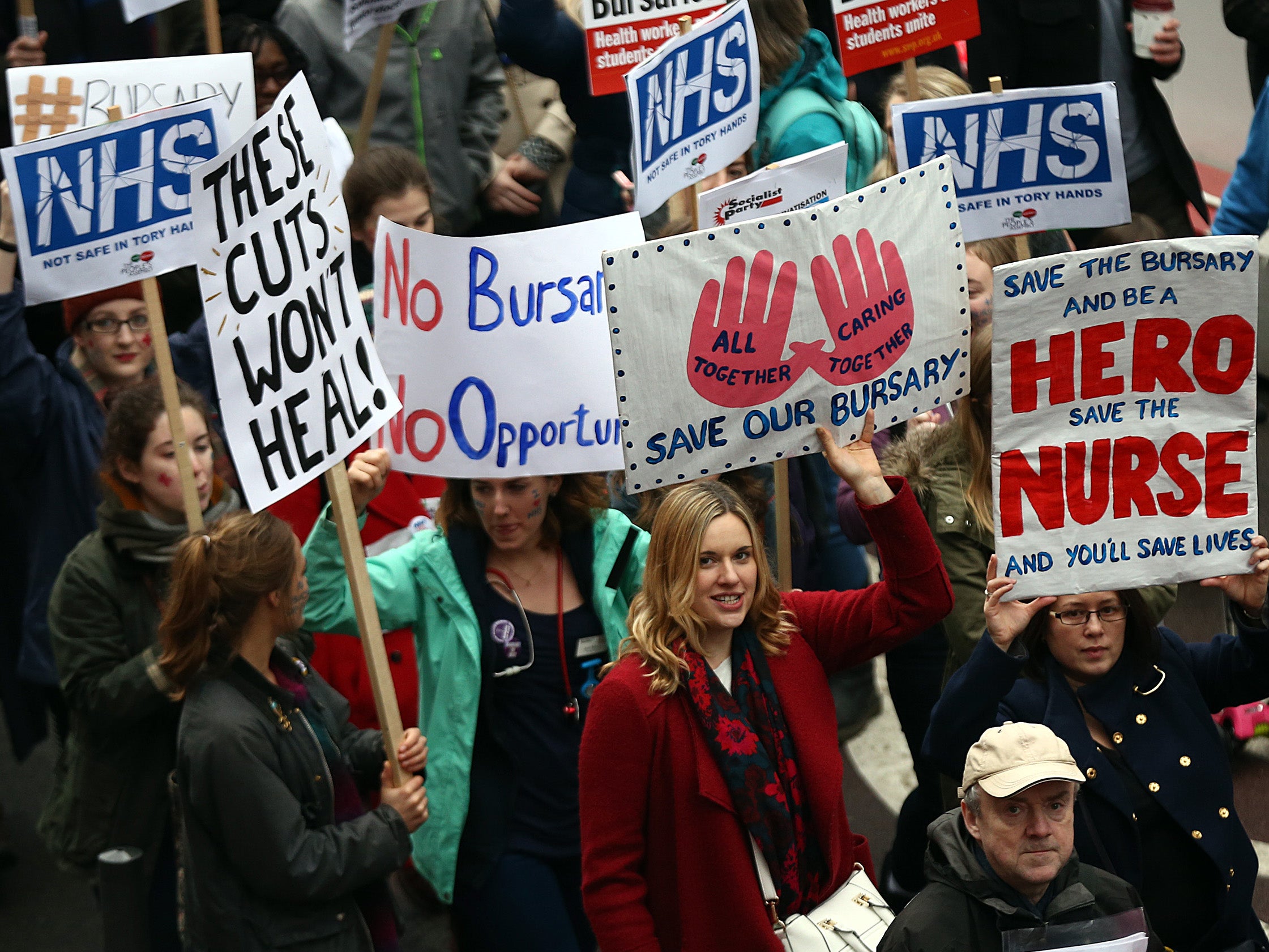 Student nurses and health workers take part in a demonstration against government plans to scrap the NHS bursary in January 2016