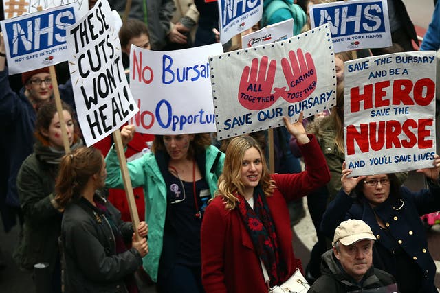 Student nurses and health workers take part in a demonstration against government plans to scrap the NHS bursary in January 2016