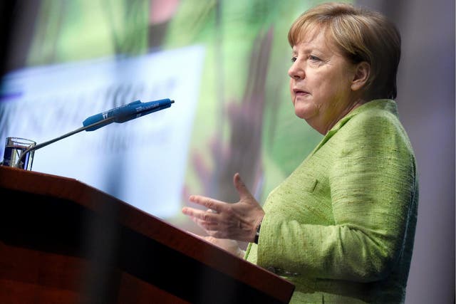German Chancellor Angela Merkel speaks at a meeting of the Economic Council of the German Christian Democrats Party (CDU) on 27 June 2017 in Berlin