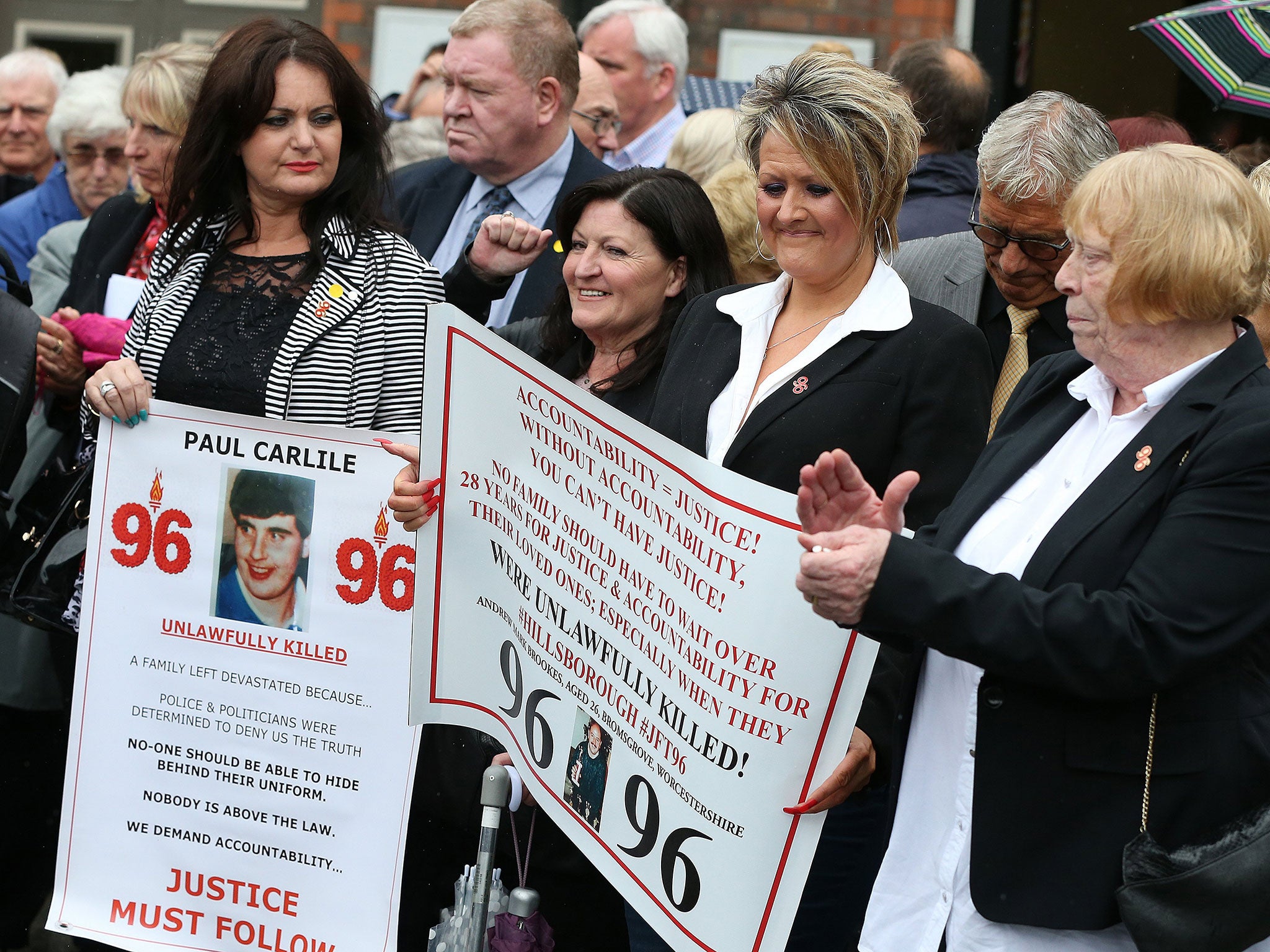 Family members of the 96 Hillsborough victims after a meeting with the CPS in Warrington on 28 June 2017