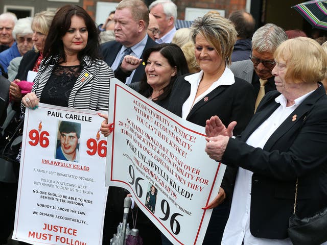 Family members of the 96 Hillsborough victims after a meeting with the CPS in Warrington on 28 June 2017