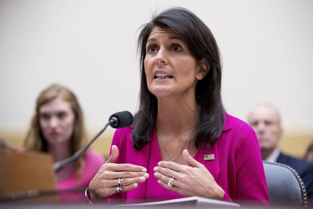 US Ambassador to the United Nations Nikki Haley testifies on Capitol Hill
