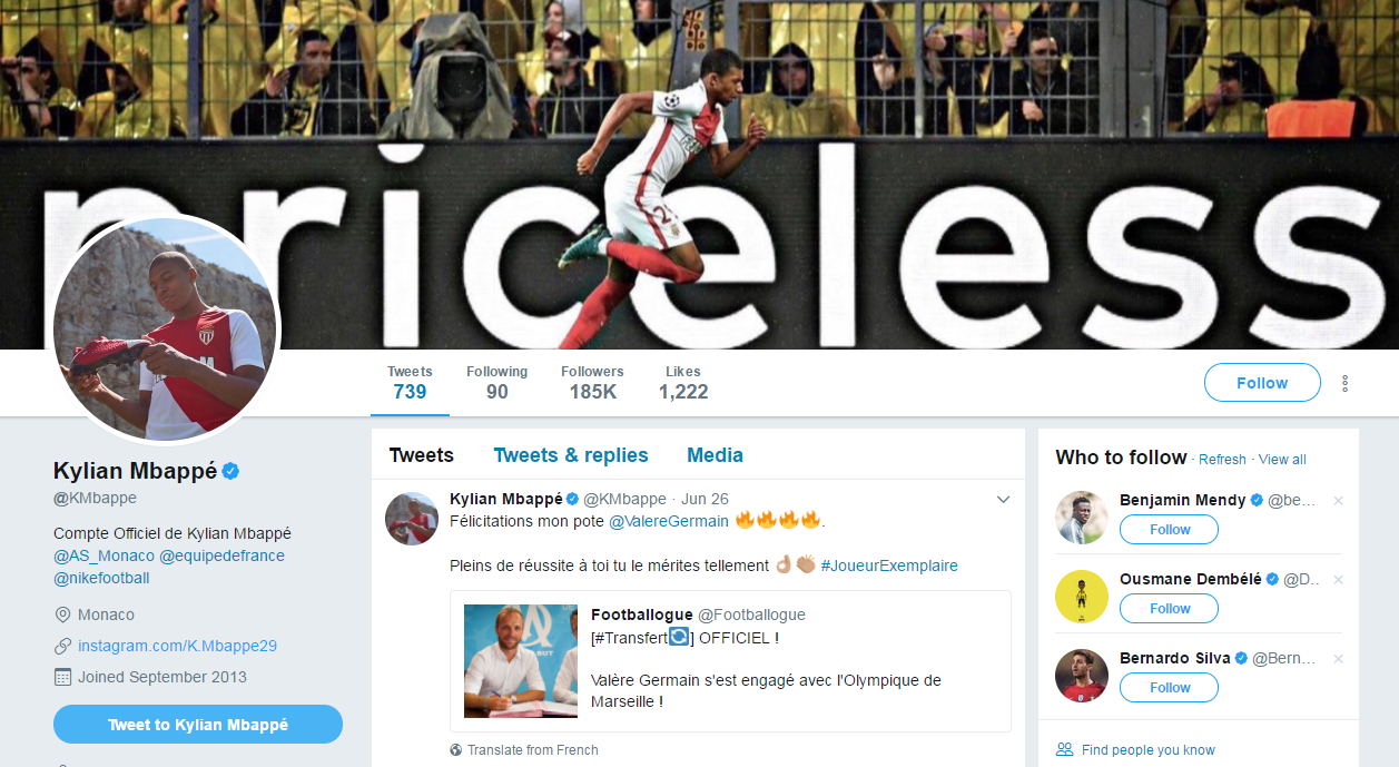 Mbappe's cover photo now reads 'priceless'