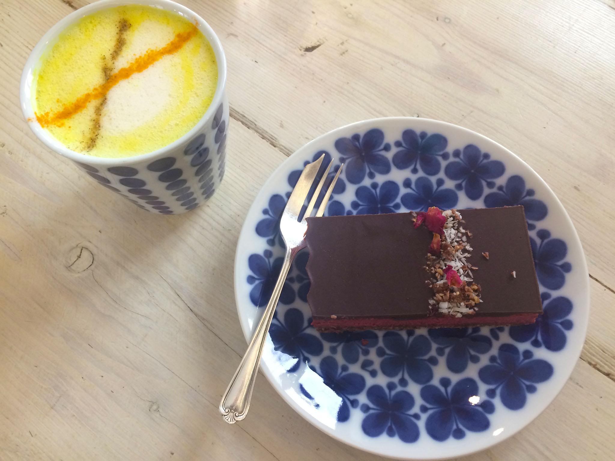 Indulge in a guilt-free locally-made rose and cherry cake and turmeric latte at Sprout