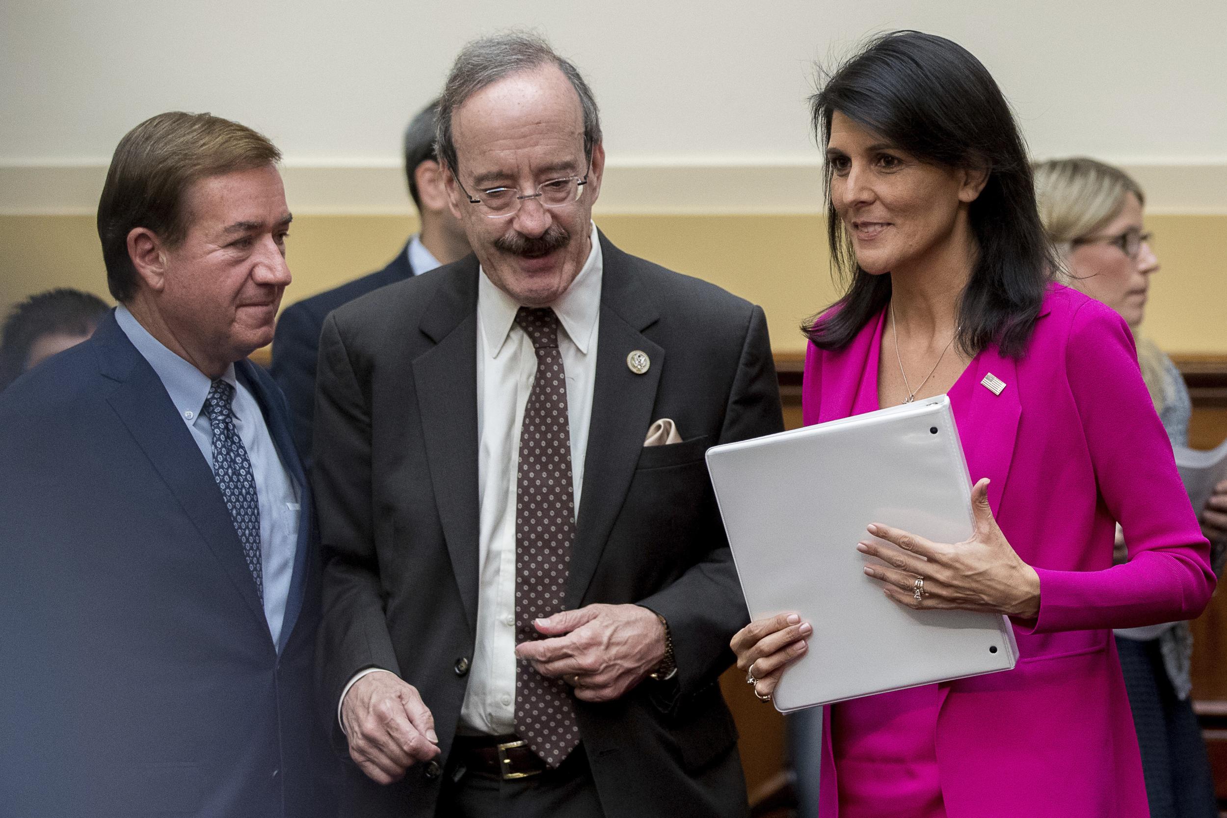 House Foreign Affairs Committee ChairmanEd Royce, the committee's ranking member Eliot Engel and US Ambassador to the UN Nikki Haley arrive on Capitol Hill