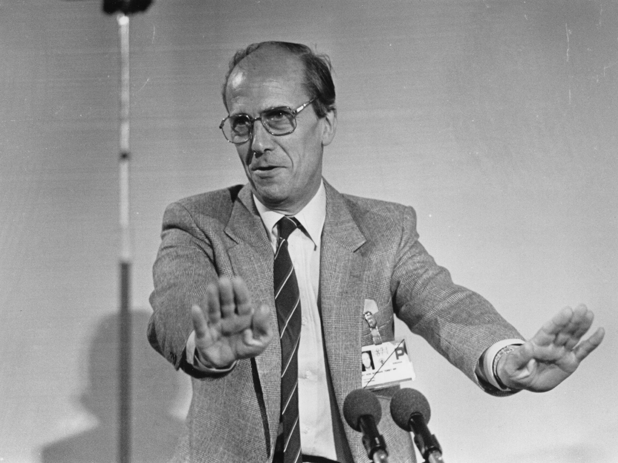 Delivering a speech at the 1987 Party Conference (Getty)