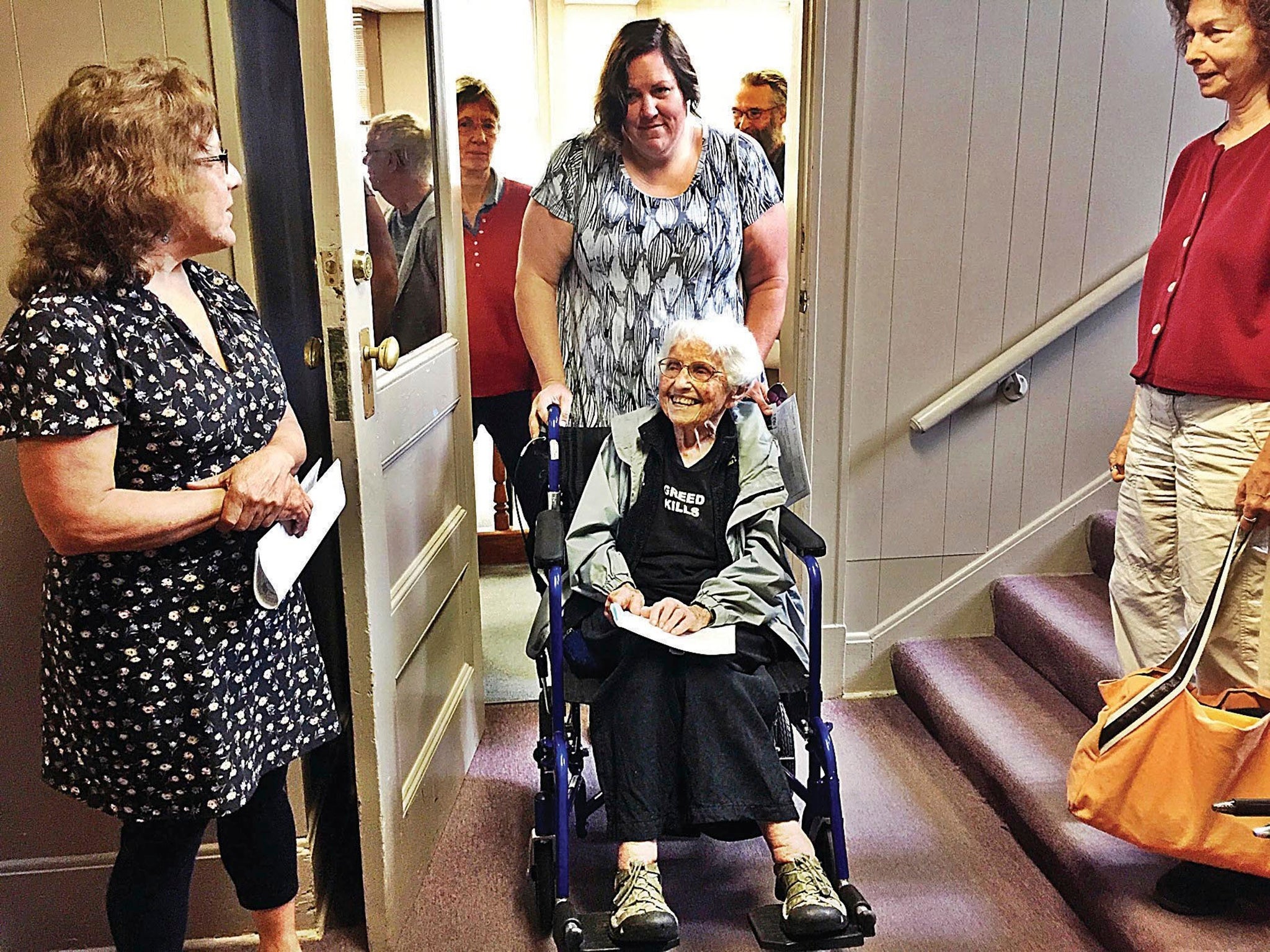 Longtime peace and environmental activist Frances Crowe, 98, smiles after her arraignment on trespassing charges in Southern Berkshire District Court