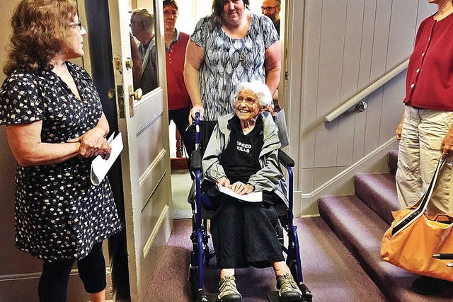 Longtime peace and environmental activist Frances Crowe, 98, smiles after her arraignment on trespassing charges in Southern Berkshire District Court