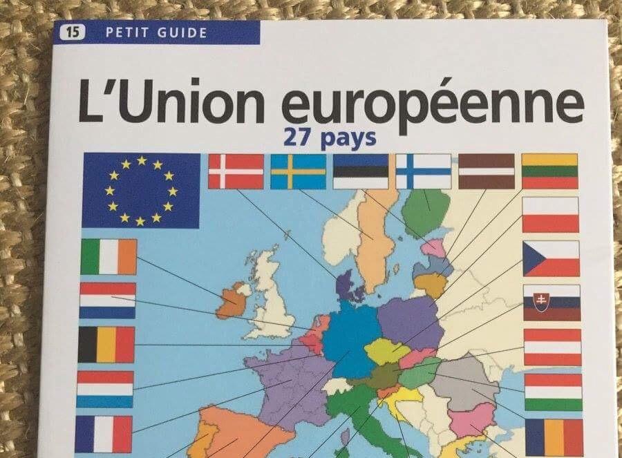 The Aedis “petit guide” to the EU shows all of the other 27 member states shaded in a different colour with each of their national flags, all surrounding a larger EU flag, while Britain is left blank and not included