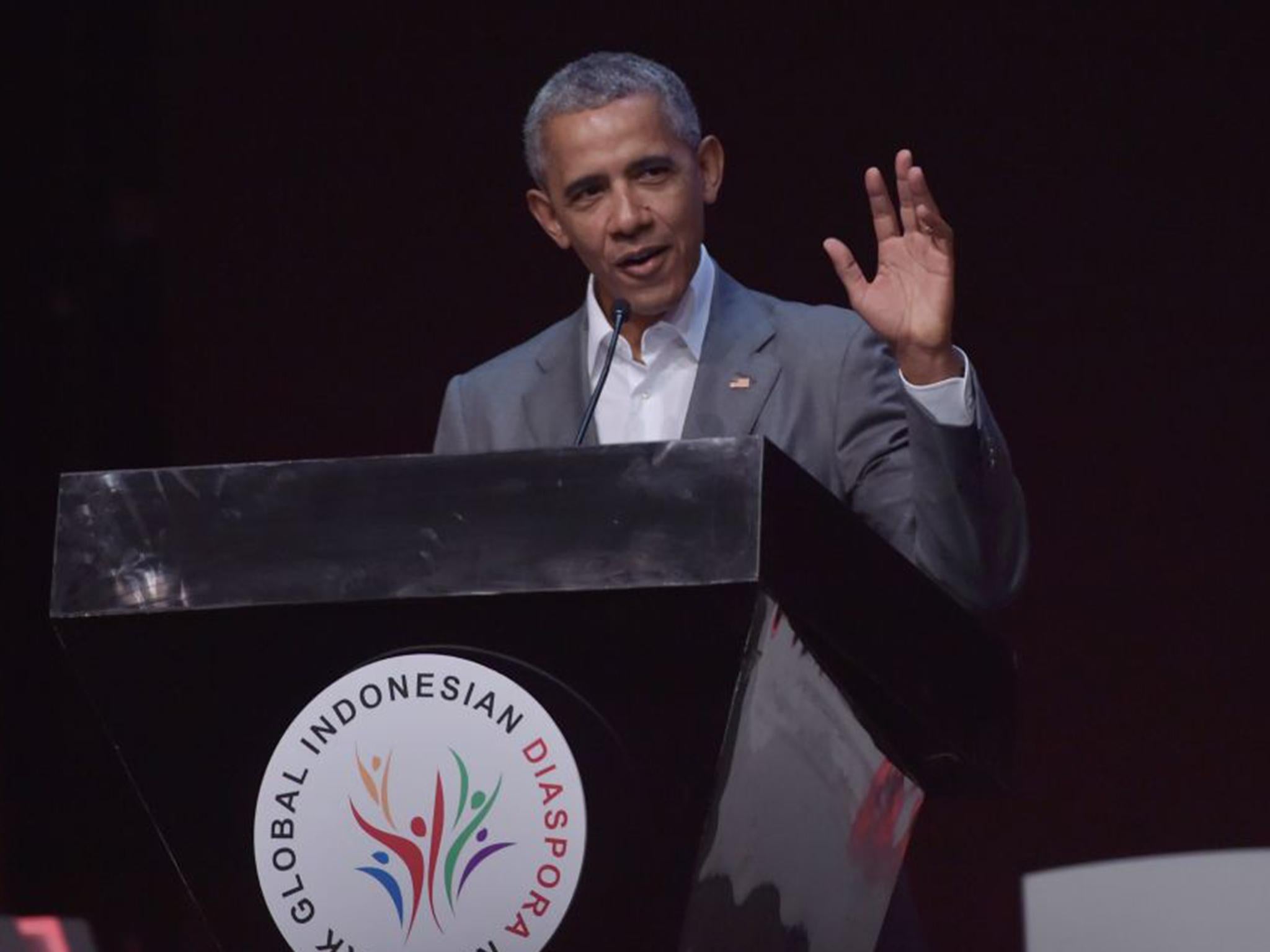 Former US President Barack Obama delivers a speech during the 4th Congress of Indonesian Diaspora in Jakarta