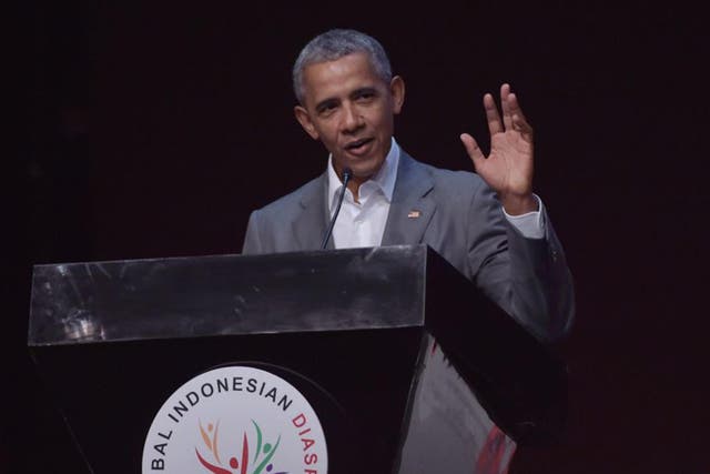 Former US President Barack Obama delivers a speech during the 4th Congress of Indonesian Diaspora in Jakarta