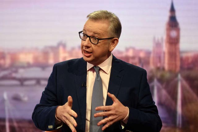 Britain's Secretary of State for Environment, Food and Rural Affairs, Michael Gove, is seen speaking on the BBC's Andrew Marr Show