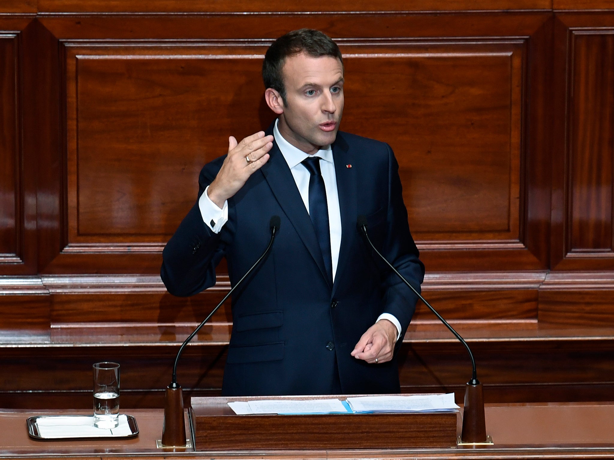French President Emmanuel Macron speaks during a special congress gathering both houses of parliament (National Assembly and Senate) in the palace of Versailles, outside Paris