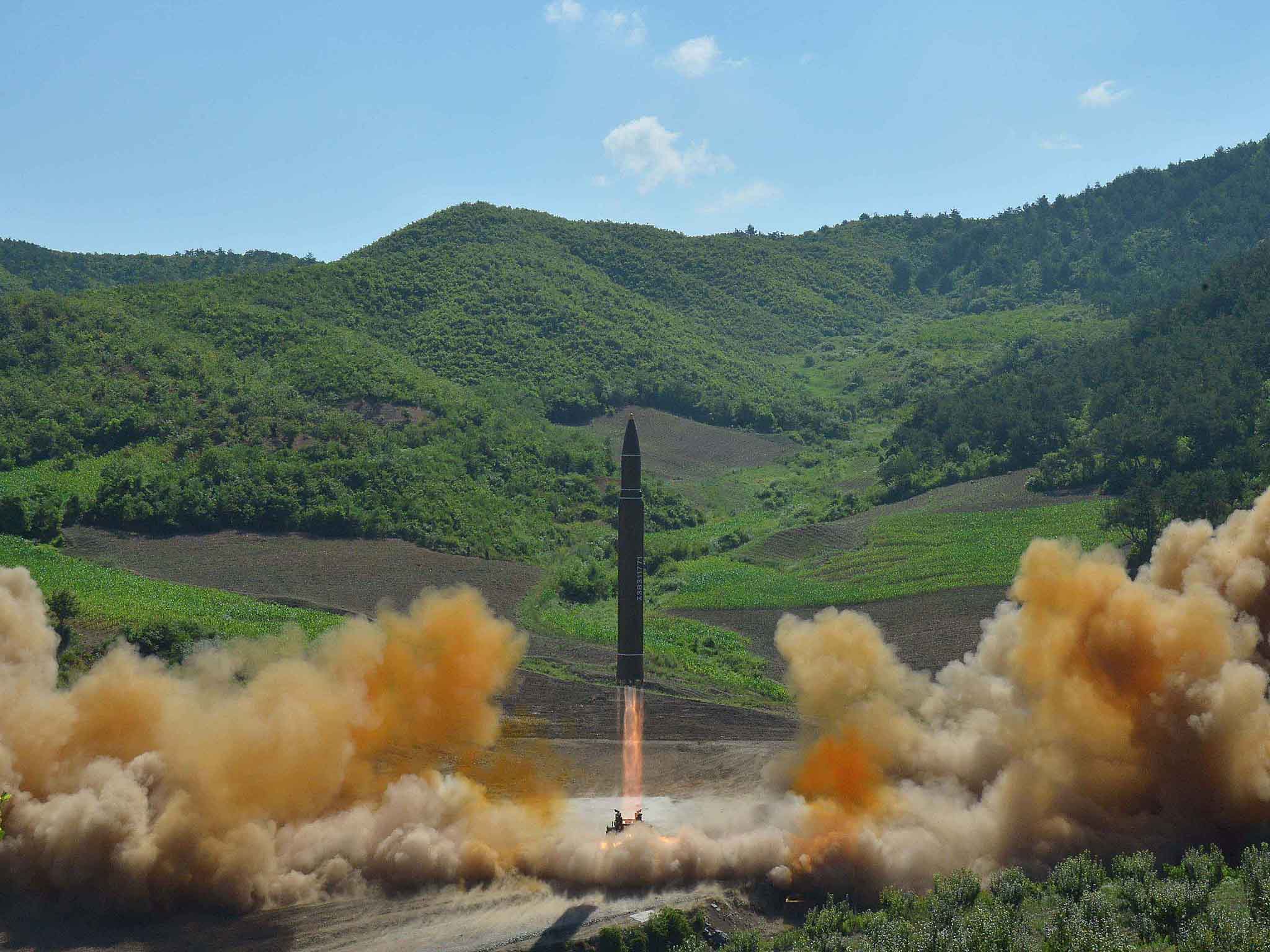 The Hwasong-14 missile being launched at an undisclosed location in North Korea