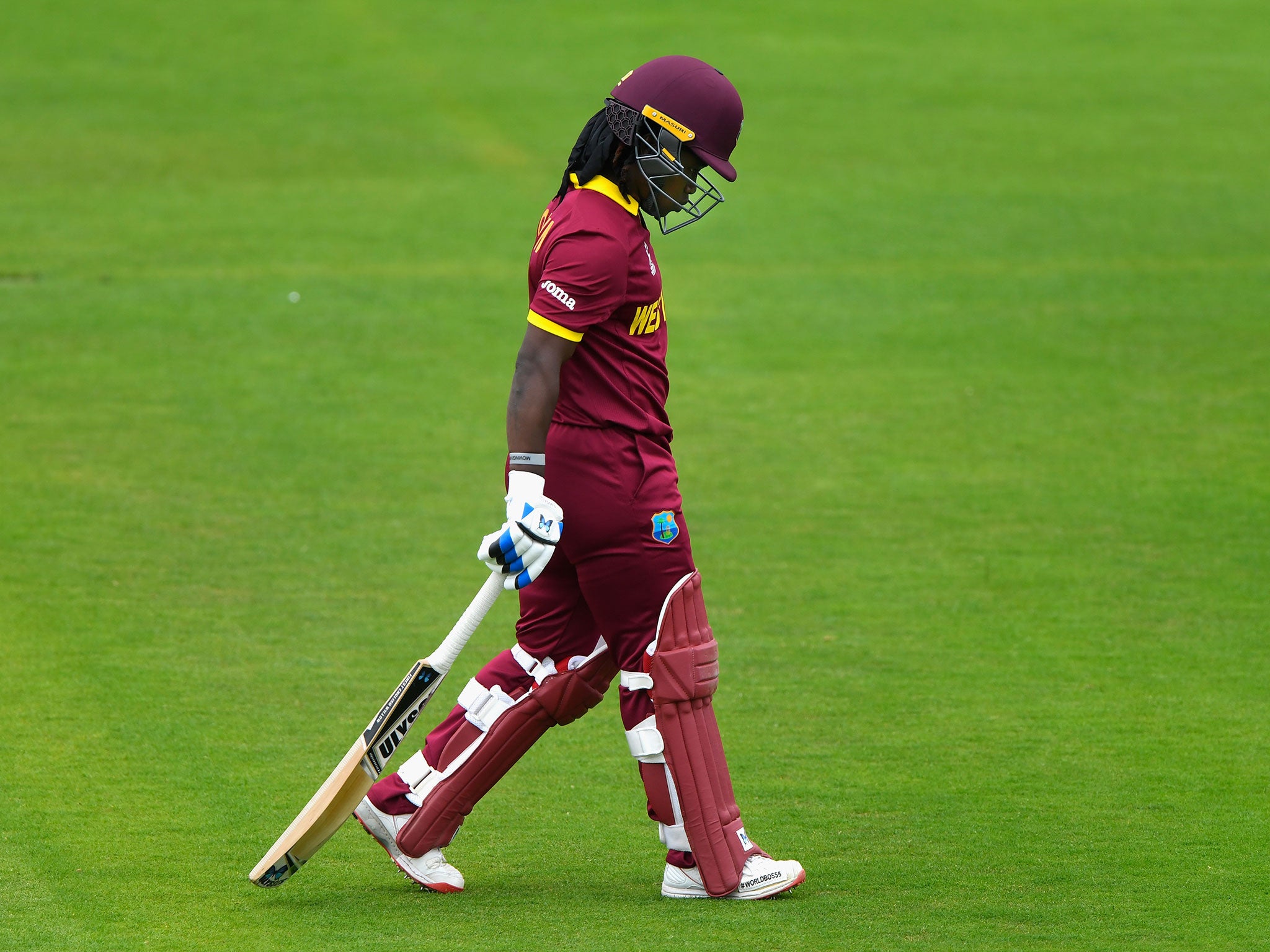 Deandra Dottin trudges off after being dismissed for just 7 off 48 balls against India at the Women's World Cup