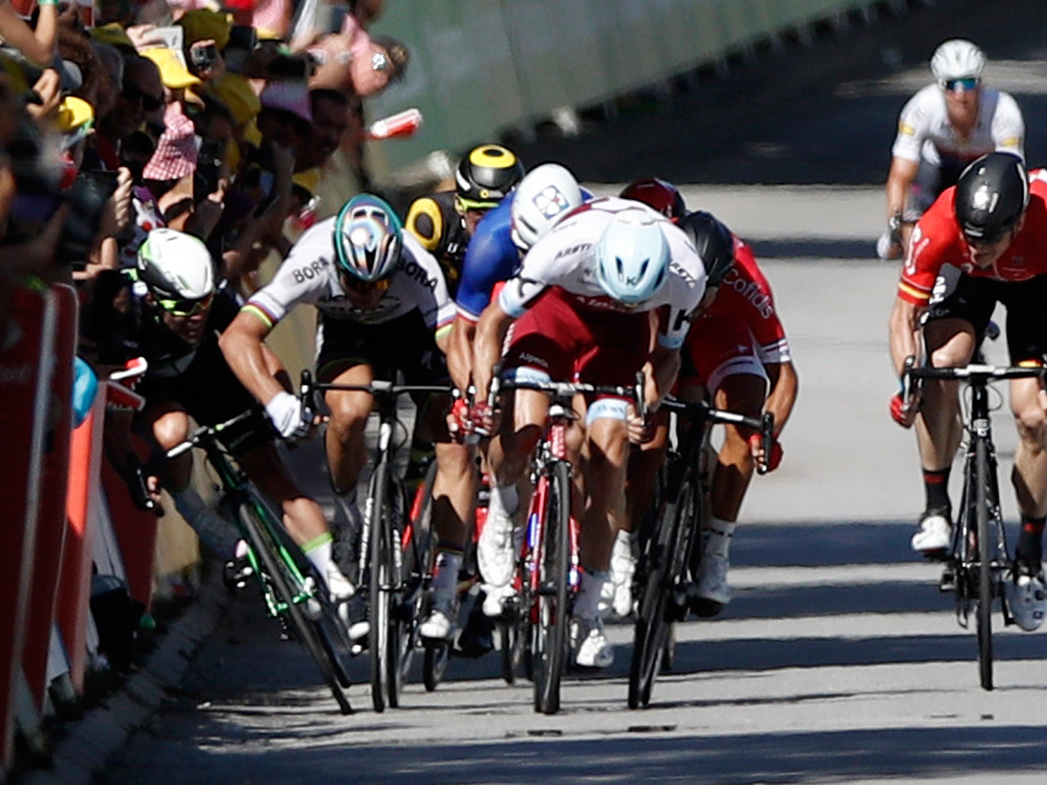 Peter Sagan appeared to push Mark Cavendish into the barriers
