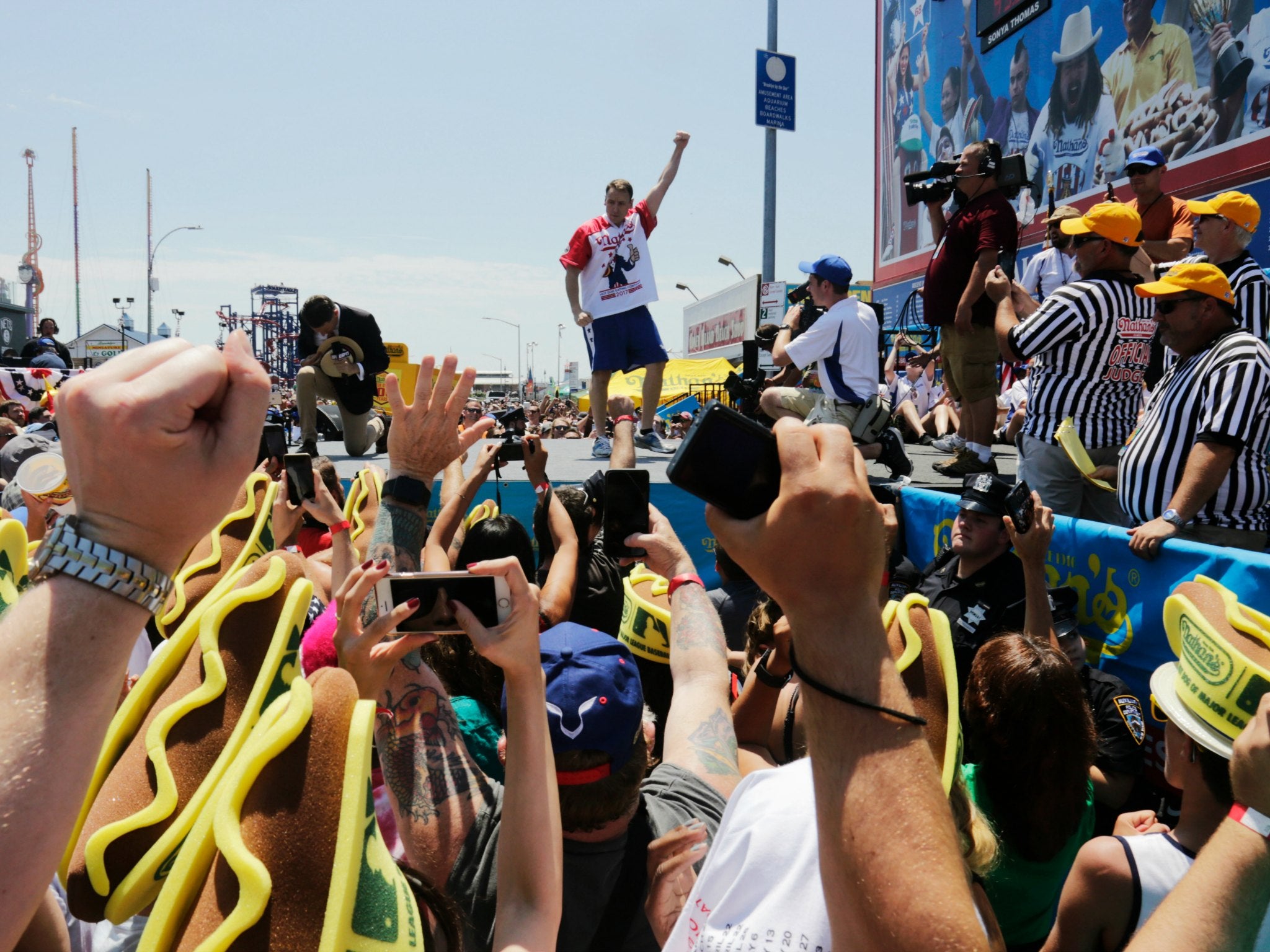 Joey Chestnut arrives for the Nathan's Famous hot dog eating contest