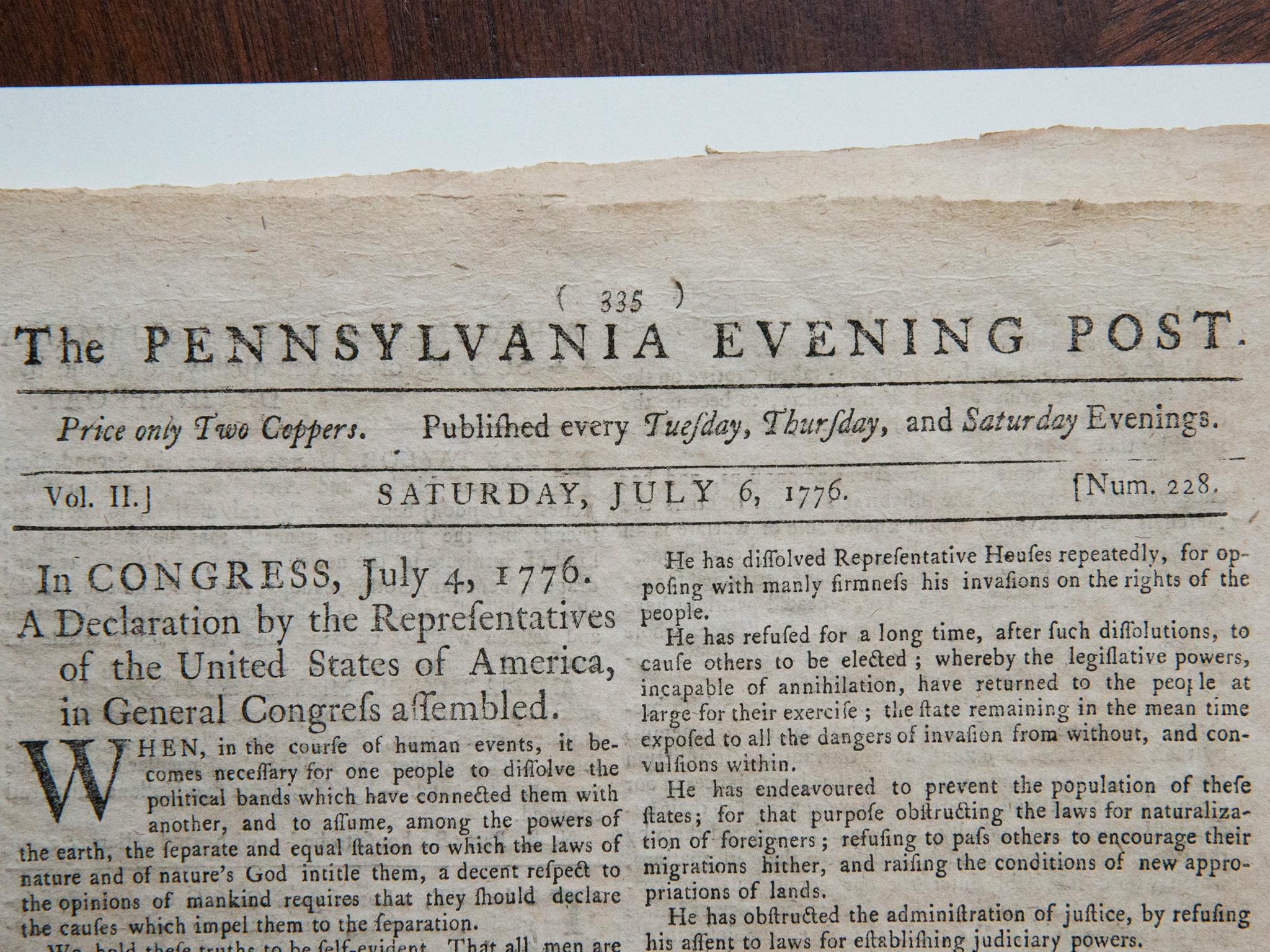 The first known newspaper printing of the Declaration of Independence, printed on 6 July 1776 in The Pennsylvania Evening Post,