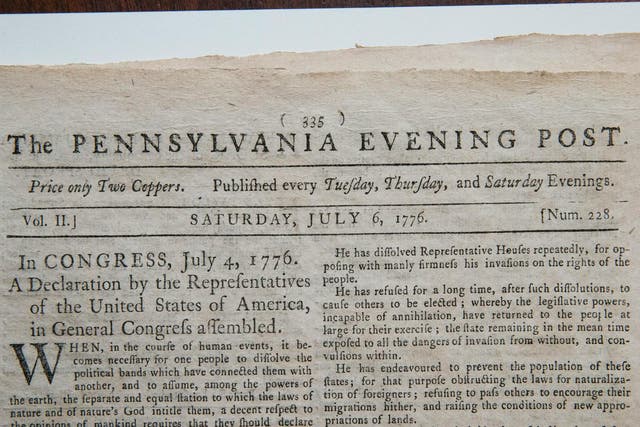 The first known newspaper printing of the Declaration of Independence, printed on 6 July 1776 in The Pennsylvania Evening Post,