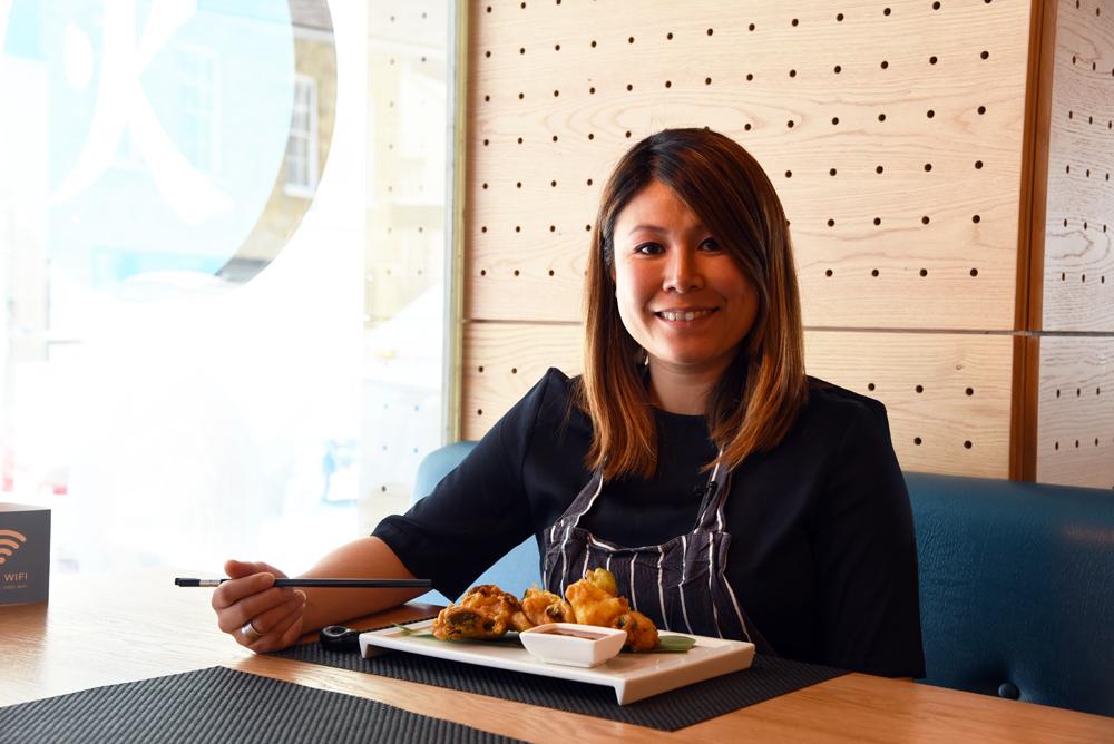 &#13;
Ping Coombes with her Malaysian prawn and wild garlic fritters&#13;