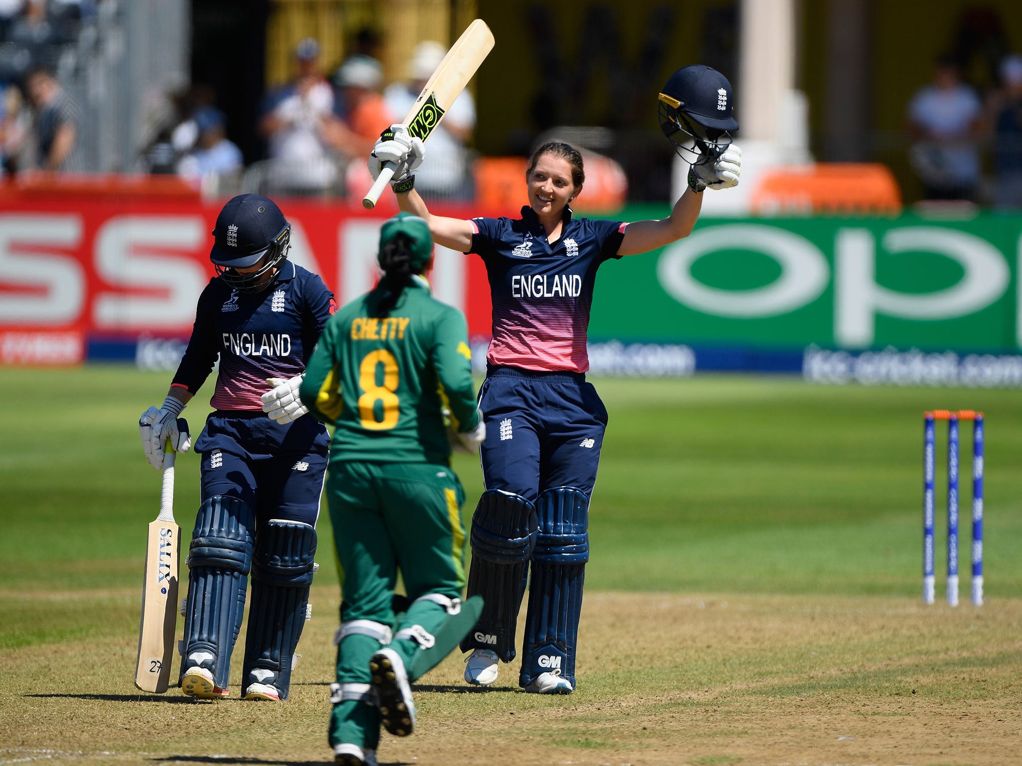 Sarah Taylor celebrates after hitting her century for England