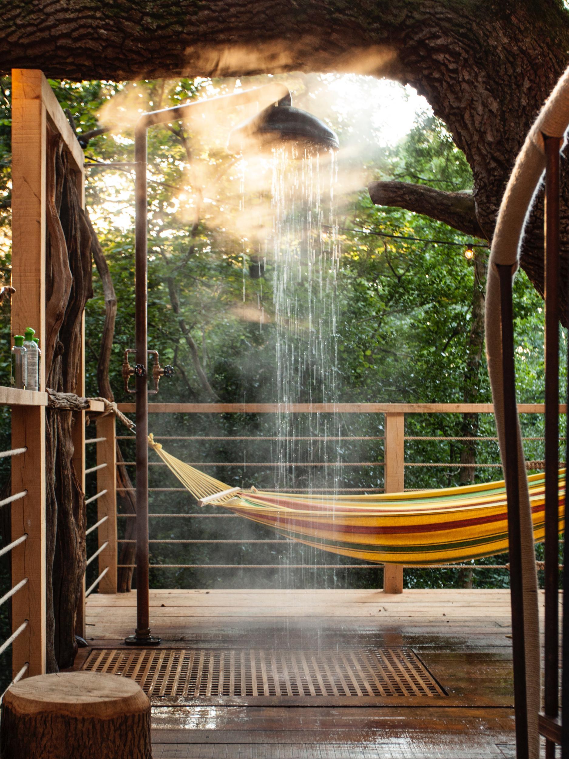 The treehouse also features an outdoor shower