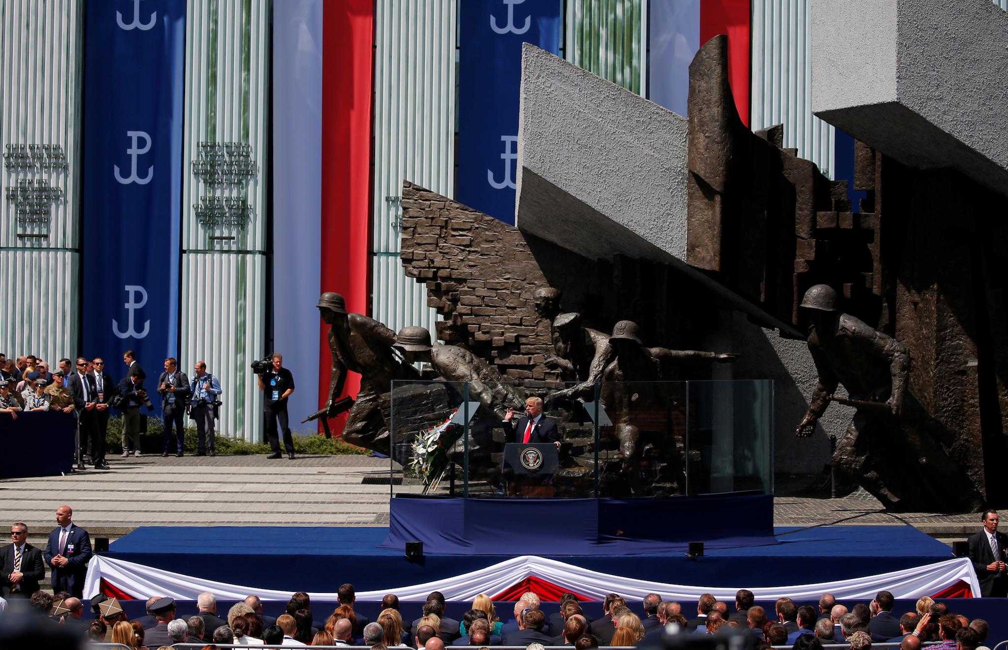 U.S. President Donald Trump gestures during his public speech in front of the Warsaw Uprising Monument at Krasinski Square, in Warsaw, Poland