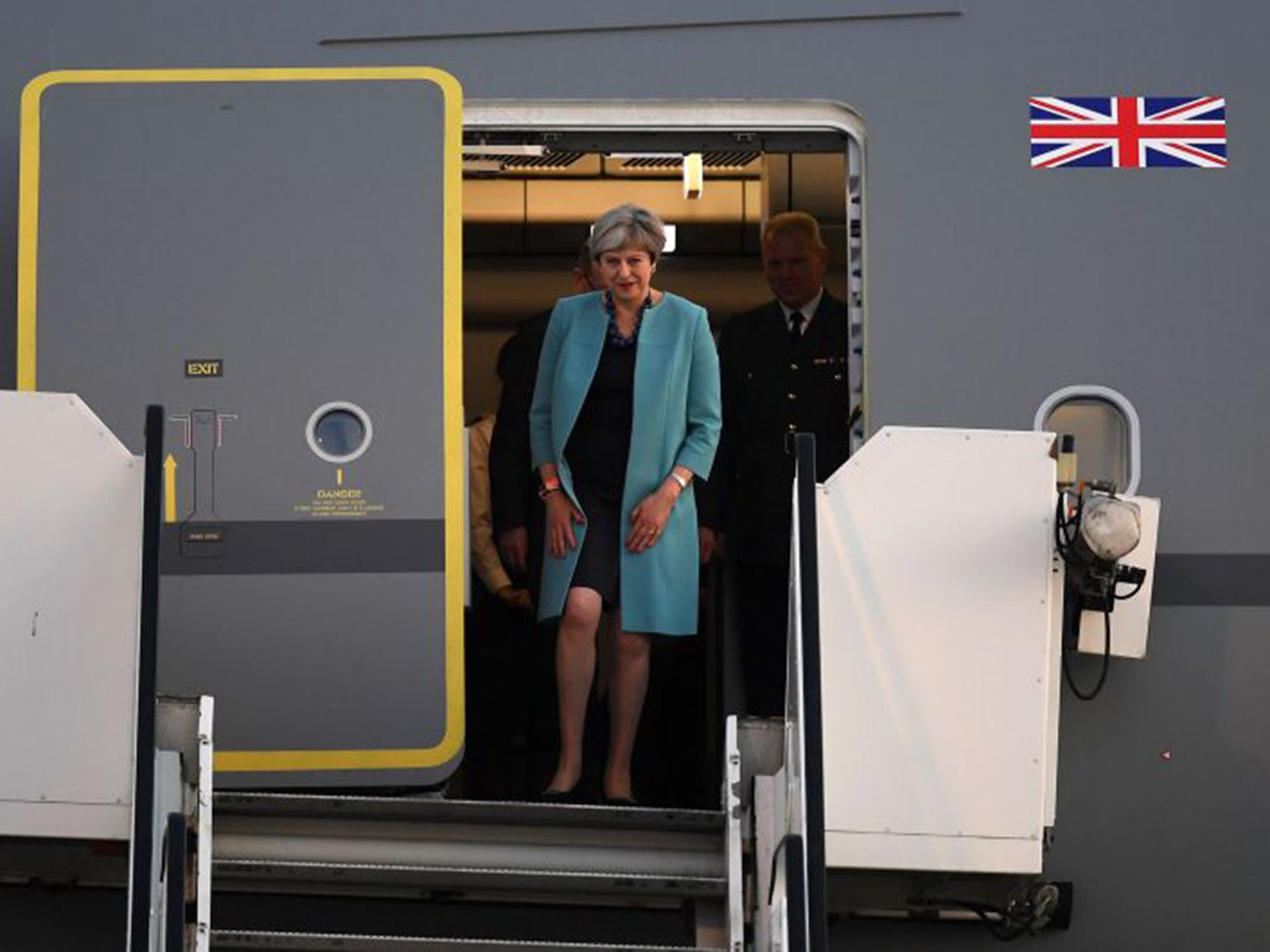 Theresa May arriving at the G20 conference in Hamburg on Thursday evening