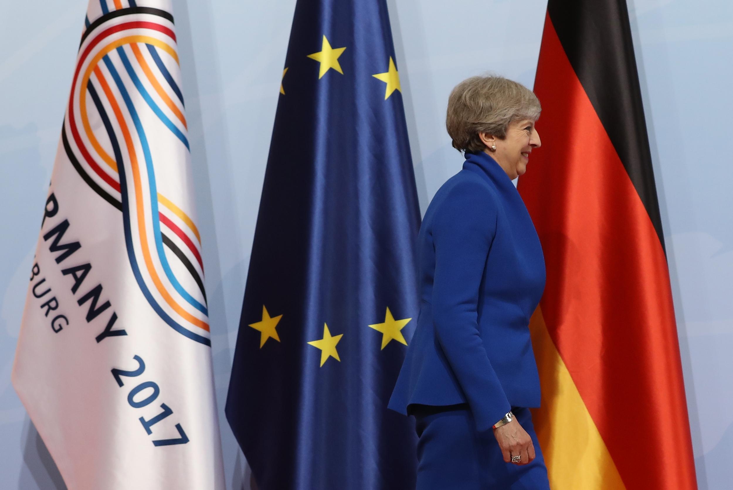 Theresa May arrives at the G20 summit in Hamburg