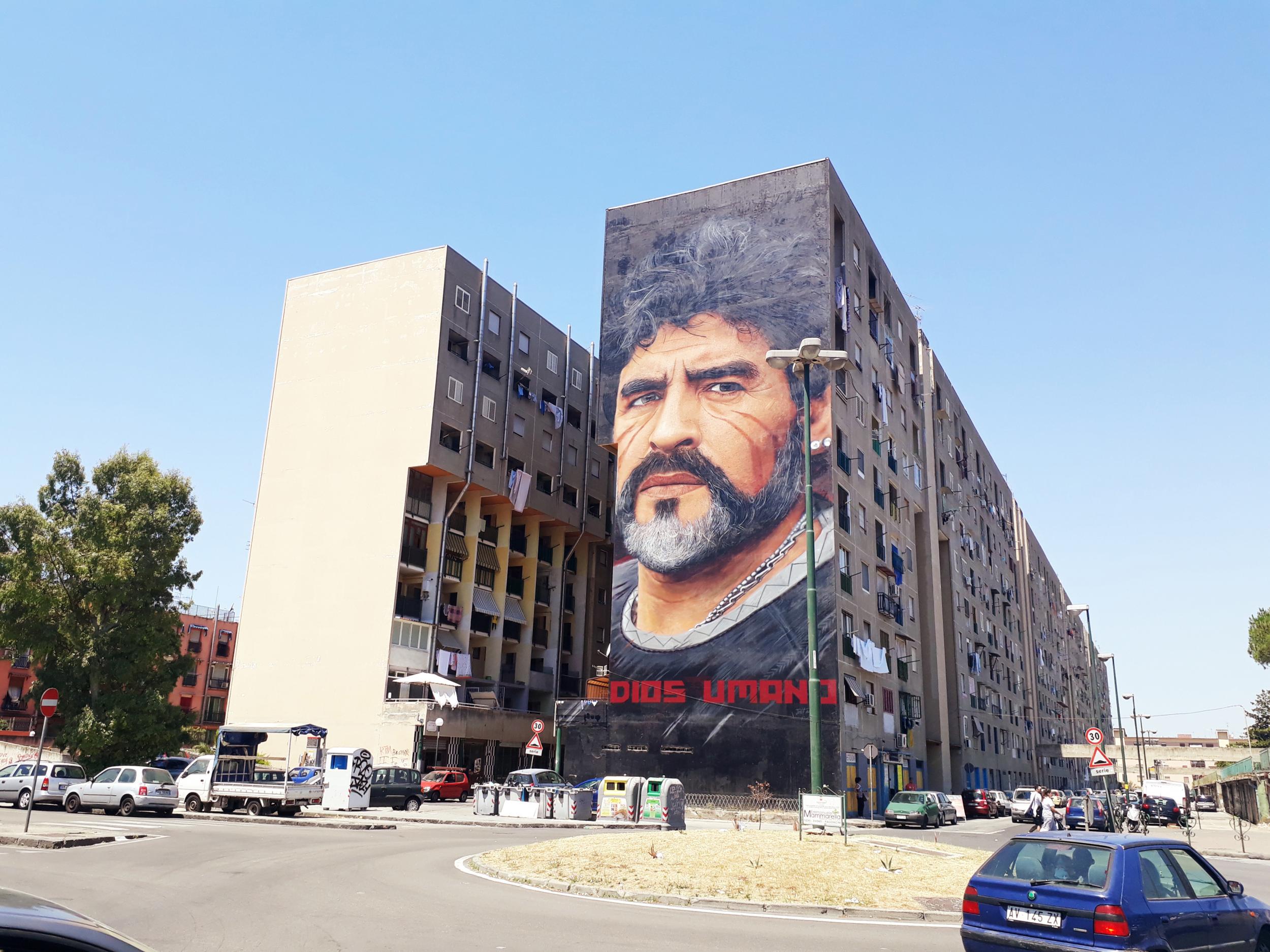 There is a huge mural of Maradona in the city