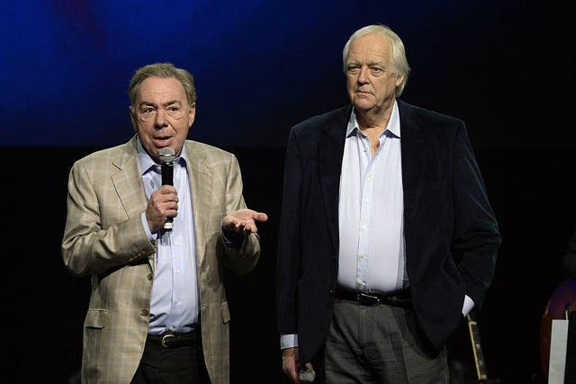 Composer Andrew Lloyd Webber (left) and lyricist Tim Rice speaking on stage in 2014