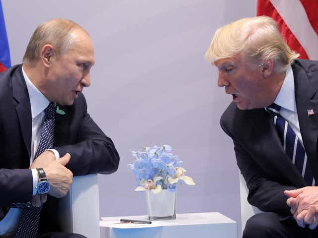 US President Donald Trump speaks with Russian President Vladimir Putin during the their bilateral meeting at the G20 summit in Hamburg