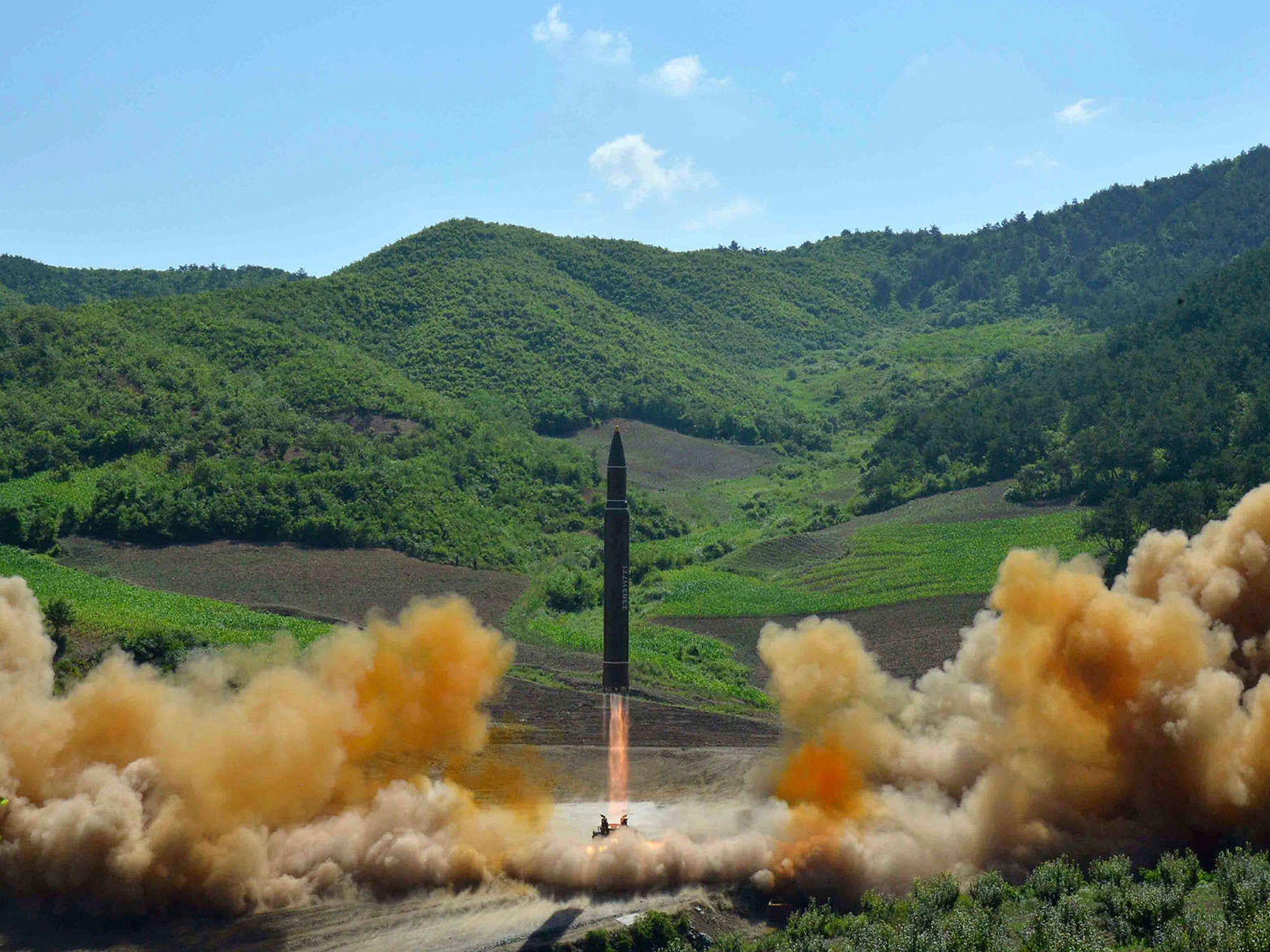 This photo, distributed by the North Korean government, shows what was said to be the launch of a Hwasong-14 intercontinental ballistic missile, ICBM, in North Korea's northwest