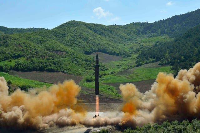 This photo, distributed by the North Korean government, shows what was said to be the launch of a Hwasong-14 intercontinental ballistic missile, ICBM, in North Korea's northwest