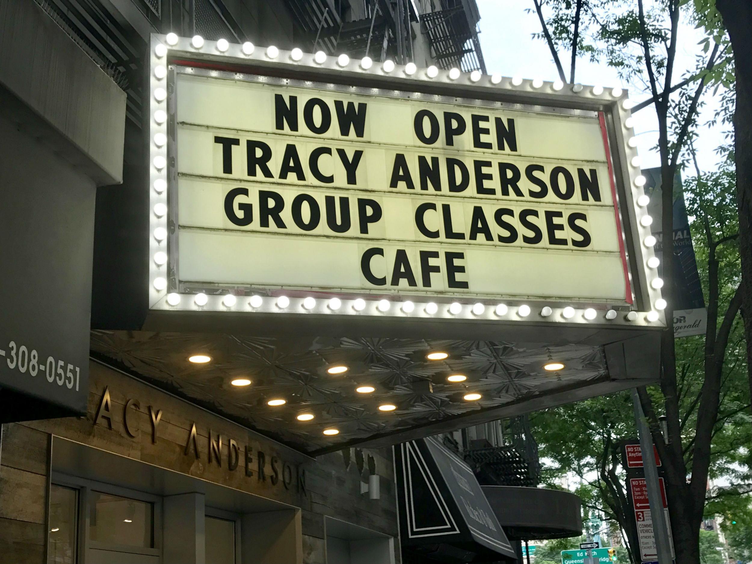 An old marque advertises the offerings inside Tracy Anderson's newest fitness studio (Emily Shugerman/The Independent)