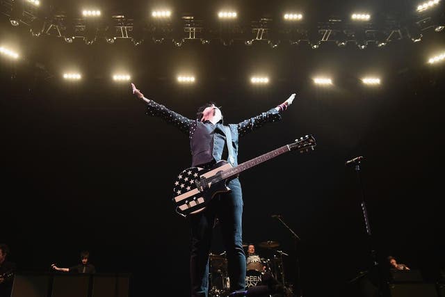 Green Day performing in Brooklyn, New York in March 2017