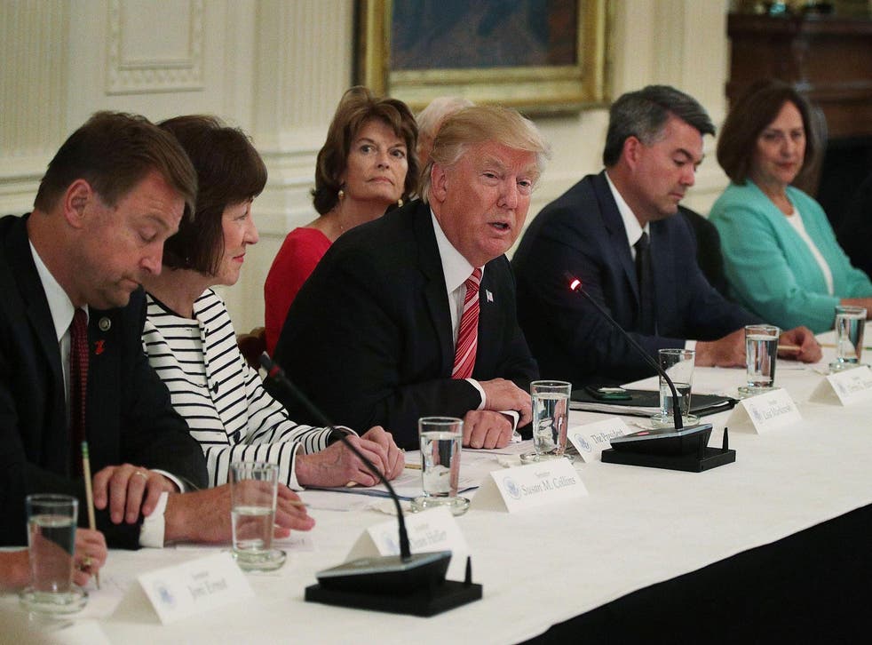 President Donald Trump speaks during a meeting with Senate Republicans at the East Room of the White House on 27 June