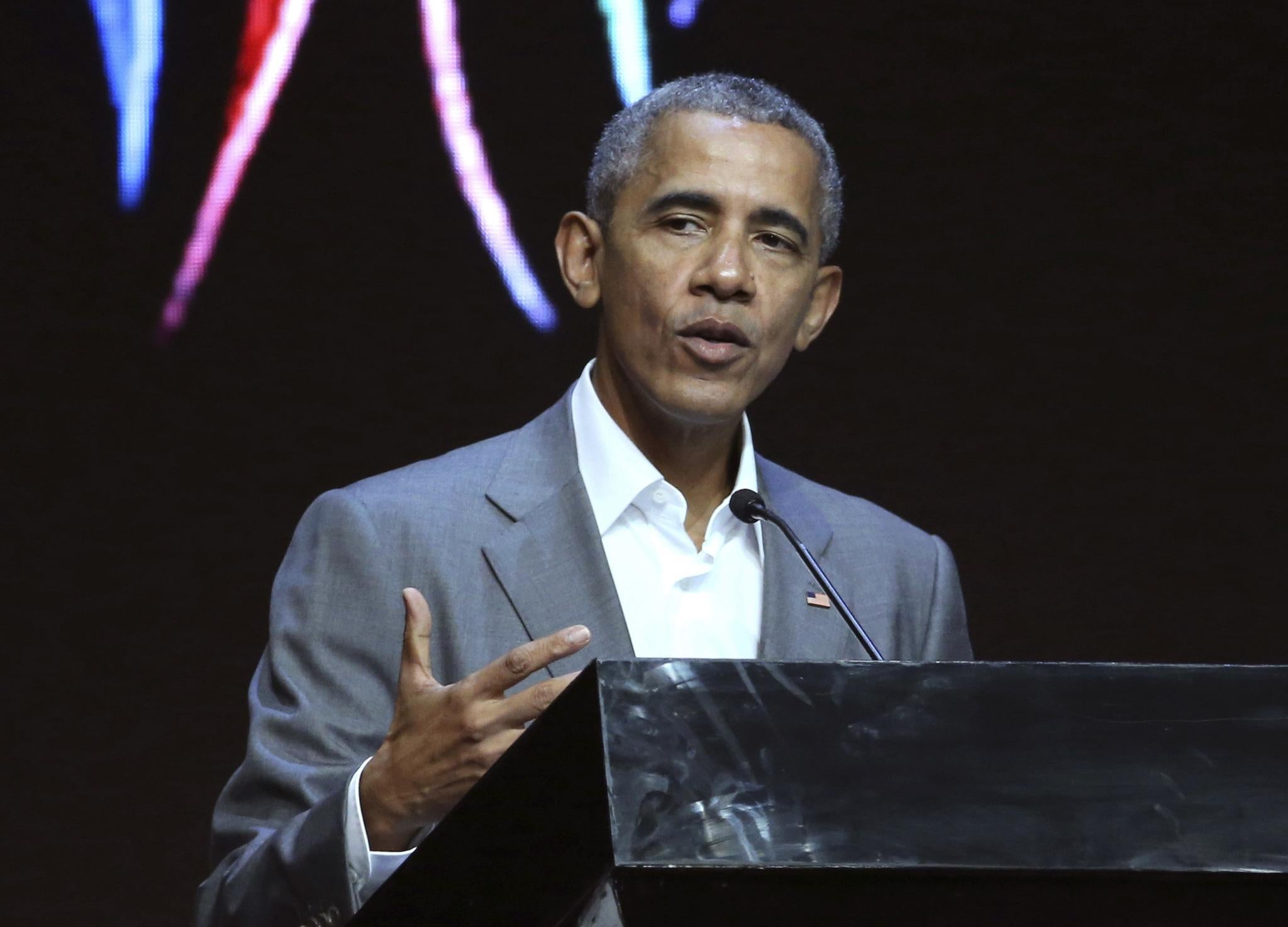 Former US President Barack Obama delivers his speech during the 4th Congress of Indonesian Diaspora Network in Jakarta, Indonesia, on July 1, 2017