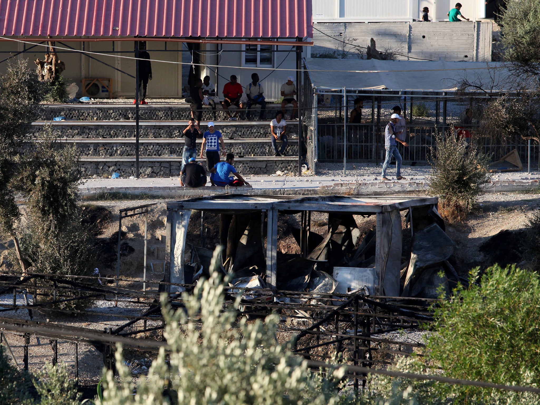 Burned shelters at the Moria refugee camp on the island of Lesbos, Greece