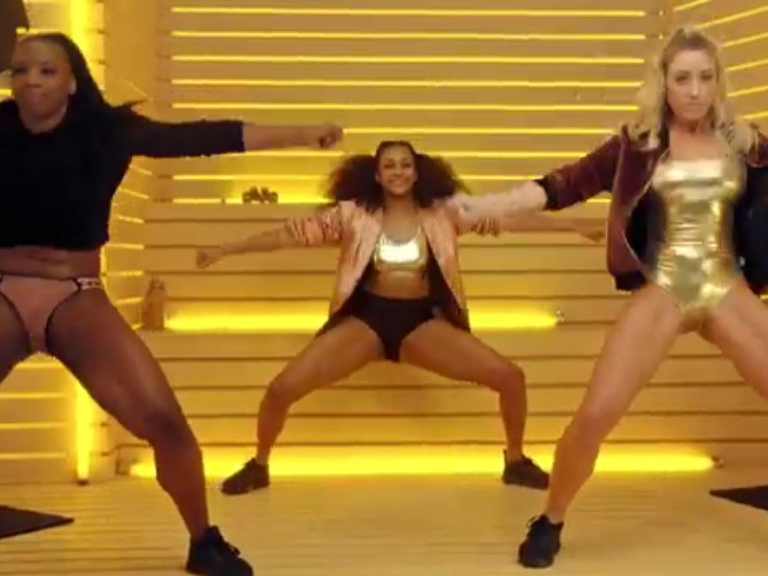 A still from a video-on-demand ad for Femfresh bikini line shaving products featuring several women wearing briefs and swimwear while dancing