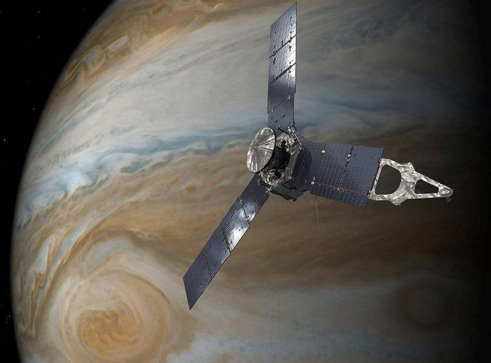 NASA's Juno spacecraft in orbit above Jupiter's Great Red Spot is seen in this undated handout illustration