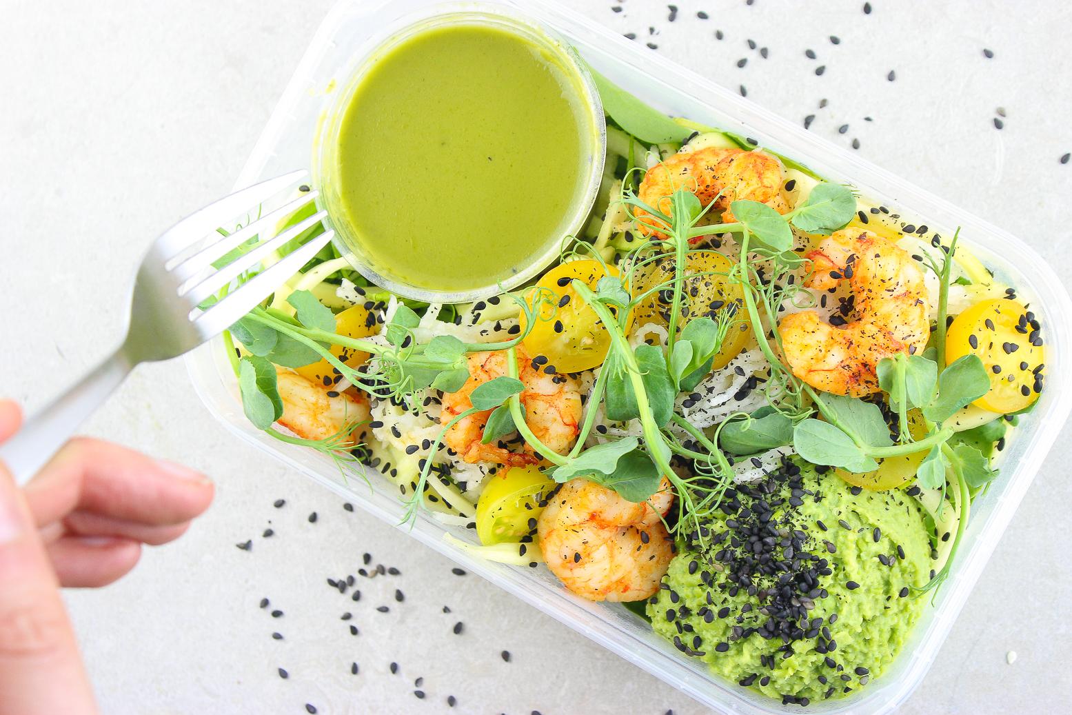 Pollen &amp; Grace’s ‘alkaline box’: grilled organic prawns with a creamy pea mash, detoxing courgetti and kohlrabi salad, and a wheatgrass salsa verde (Pollen &amp; Grace)