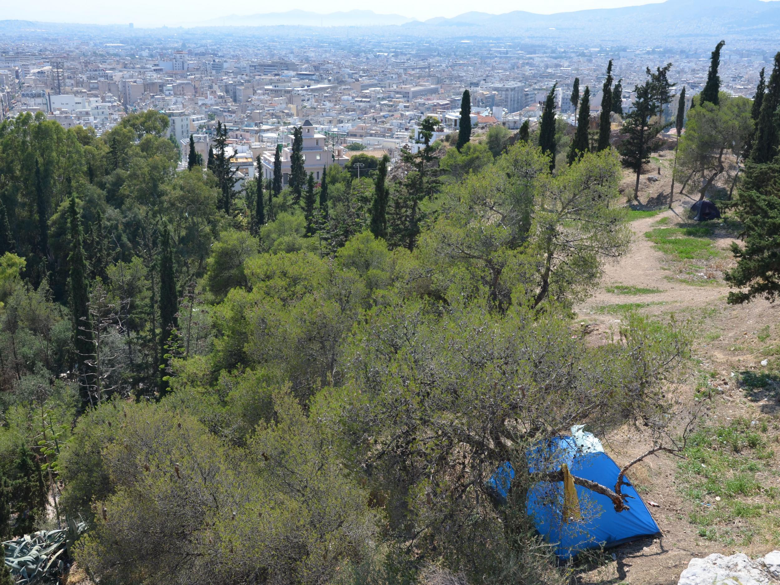 A tent set-up on Strefi Hill, at the top of Exarcheia, Athen’s anarchist district, where many people live in empty buildings and squats