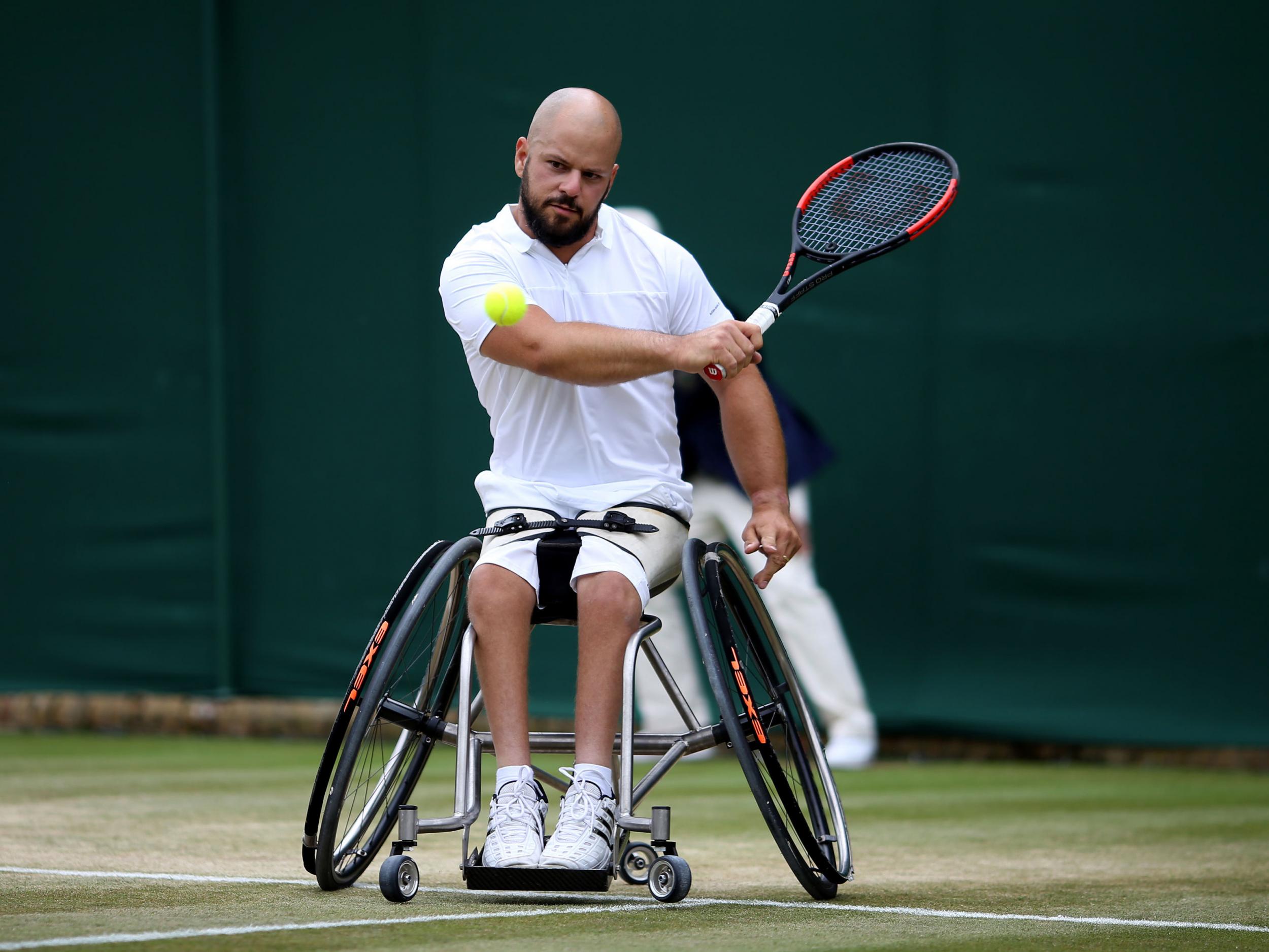 Stefan Olsson in action during the Gentlemen's Wheelchair Singles on day ten of the Wimbledon Championships