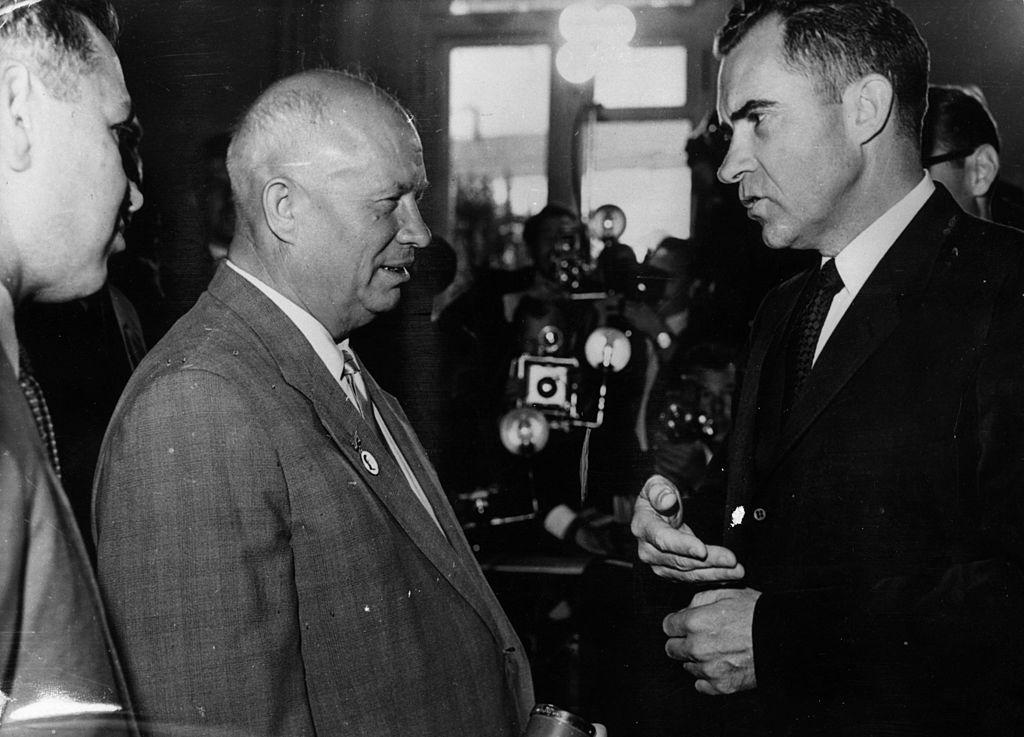 The then vice president?meets with Soviet leader Nikita Khrushchev in December 1959